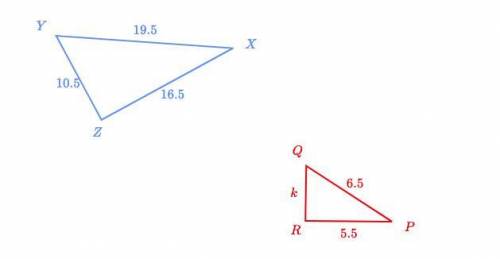 Triangle XYZ is similar to triangle PQR.
Solve for k.