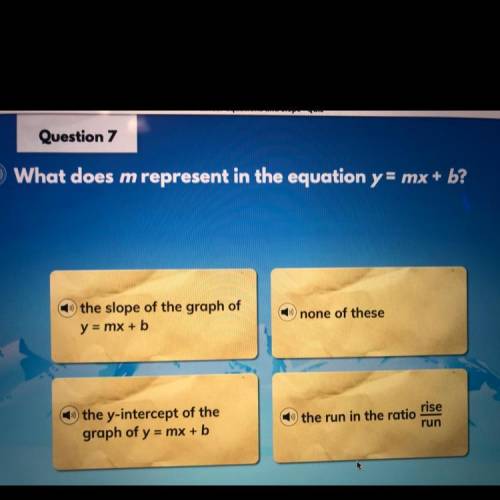 Question 7 (iready question pls answer ASAP)

What does m represent in the equation y = mx + b?
A.