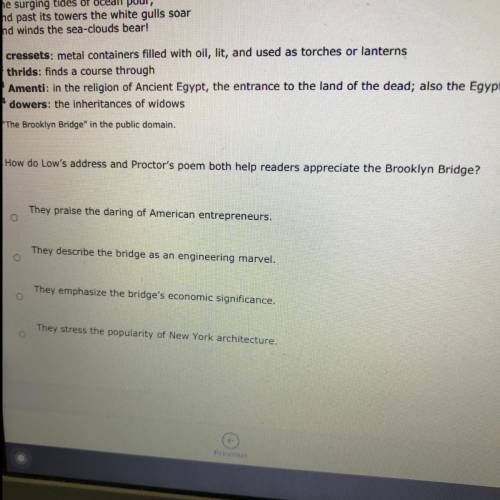 How do lows address and proctors poem both help readers appreciate the Brooklyn bridge? Plz help me