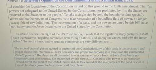 According to source 1, what is Thomas Jefferson’s opinion on the constitutionality of a national ba