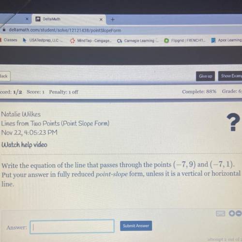 Write the equation of the line that passes through the points (-7,9) and (-7,1).

Put your answer