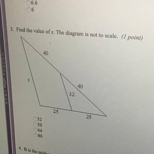 Easy question!!! Find the value of x. The diagram is not to scale. 
32
50
64
80