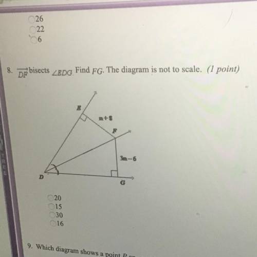 Easy question 8. Bisects

EDG
Find FG. The diagram is not to scale.
20
15
30 
16