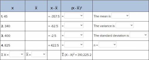 Complete the chart to find the mean, variance, and standard deviation. Remember to use commas and r