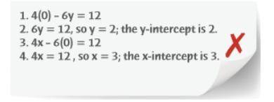 Describe and correct the error a student made finding the intercepts of the graph of the line 4x-6y