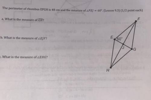 The perimeter of rhombus EFGH is 48 cm and the measure of FEJ=60°.