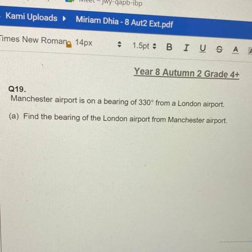 Manchester airport is on a bearing of 330° from a London airport.

(a) Find the bearing of the Lon