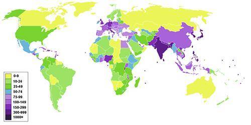 Review the map below, which shows the population of the world in people per square kilometer. What