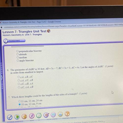 6. The perimeter of 4ABC is 30 feet. AB = 5x - 7: BC = 3x + 1; AC = 4x. List the angles of ABC (1 p