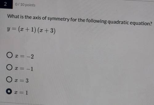 What is the axis of symmetry for the following quadratic equation?