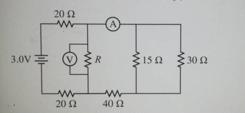 In the circuit shown above, the current through the ammeter is 20 mA and the voltmeter indicates 1.