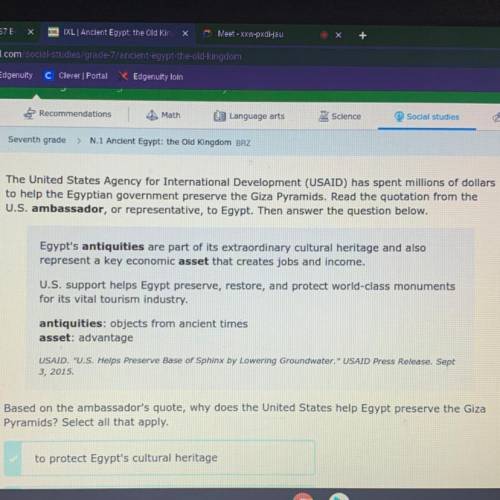 Based on the ambassador's quote, why does the United States help Egypt preserve the Giza

Pyramids