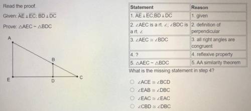 Read the proof
Given: AE EC; BD DC
Prove: triangle AEC ~ triangle BDC