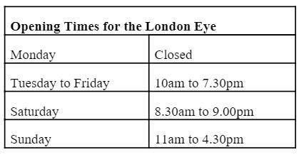 How many hours is the London Eye open for on Saturdays?pls help me