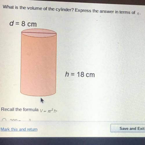 What is the volume of the cylinder? Express the answer in terms of x.
d= 8 cm
h= 18 cm