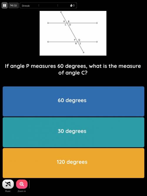 If angle P measures 60 degrees , what is the measure of angle c?