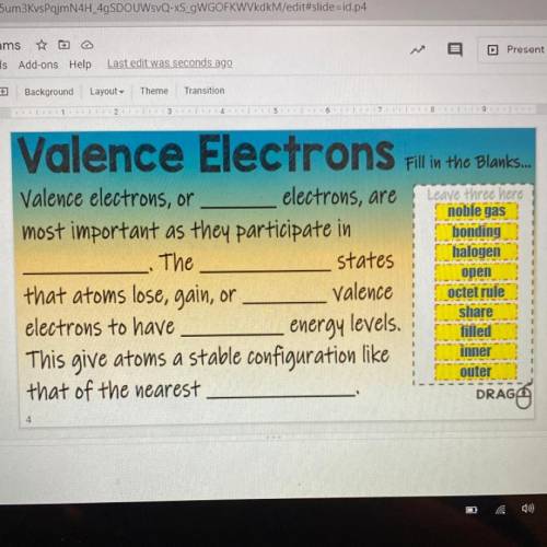 Valence Electrons

Fill in the Blanks...
Valence electrons, or electrons, are
most important as th