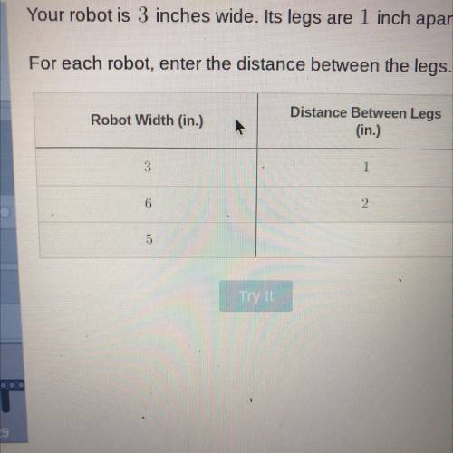 Your robot is 3 inches wide. Its legs are 1 inch apart.

For each robot, enter the distance betwee