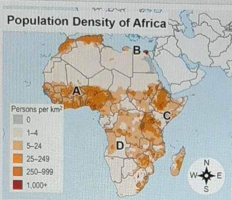 Which region in Africa contains the highest population density? ABCD