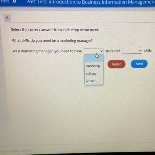 Select the correct answer from each drop-down menu.

What skills do you need be a marketing manage