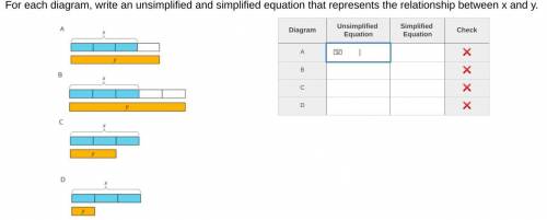 For each diagram, write an unsimplified and simplified equation that represents the relationship be