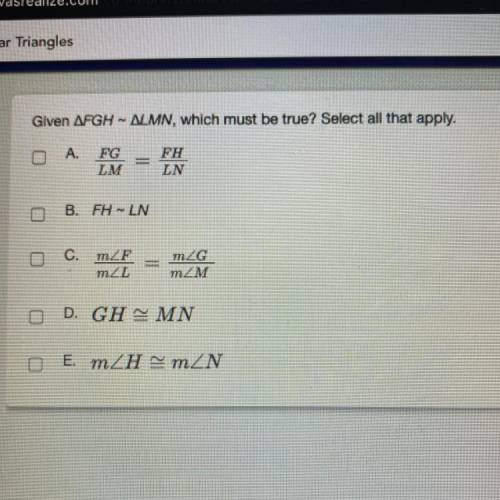 Given angle FGH - angle LMN, which must be true?