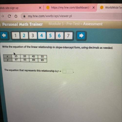 Write the equation of the linear relationship in slope-intercept form, using decimals as needed.