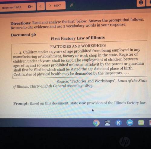 Prompt: Based on this document, state one provision of the Illinois factory law.