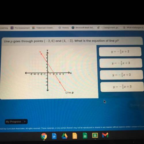 Line p goes through points (-2,6) and (4,-3)what is the equation of line p?