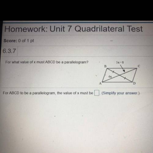 For what value of x must ABCD be a parallelogram?
(Look at image)