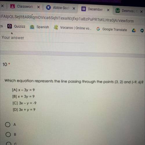 Which equation represents the line passing through the points (3,2) and (-9,6)