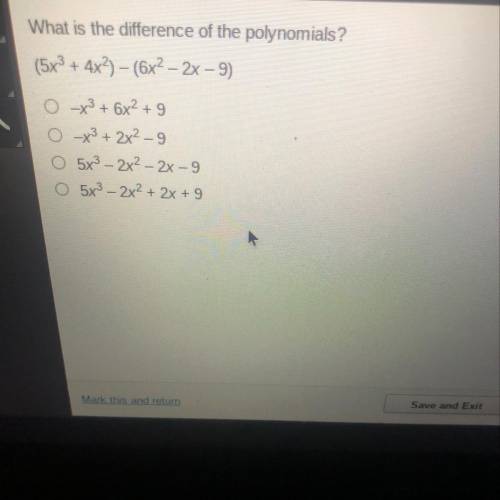 What is the difference of the polynomials?
(5x^3+ 4x^2)-(6x^2-2x-9)