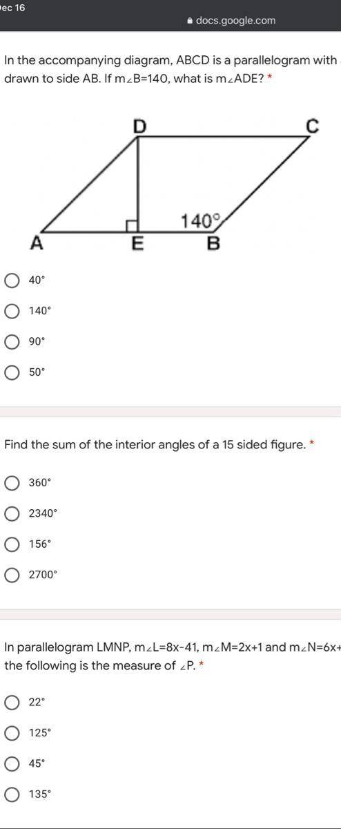 In the accompanying diagram, ABCD is a parallelogram with altitude DE drawn to side AB. If m∠B=140,