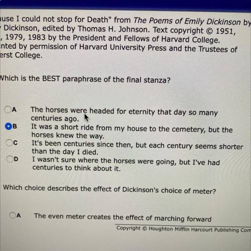 which is the best paraphrase of the final stanza “I surmised the horses heads toward eternity￼” - e