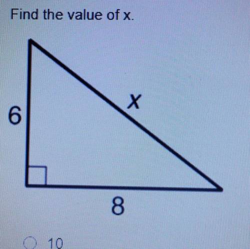Find the value of x.
- 10
- radical 12
- radical 10
- 2 radical 3
