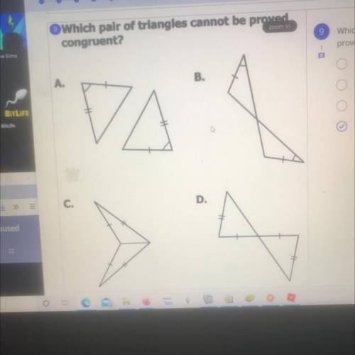 Which pair of triangles cannot be proved

congruent?
9
Which pair of triangles cannot be
proved co