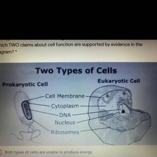 Two types of cells are shown. Organelles found in both cells are labeled.

Which TWO claims about
