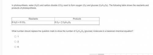 In photosynthesis, water (H2O) and carbon dioxide (CO2) react to form oxygen (O2) and glucose (C6H1