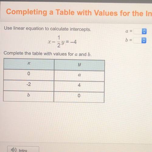 PLEASE HELP!!!

Use linear equation to calculate intercepts.
x - 1/2y=-4
complete the table with v