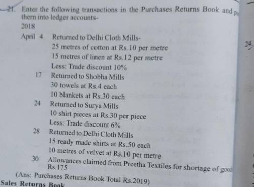 Enter the following transactions in the purchase returns book and post them in the ledger accounts