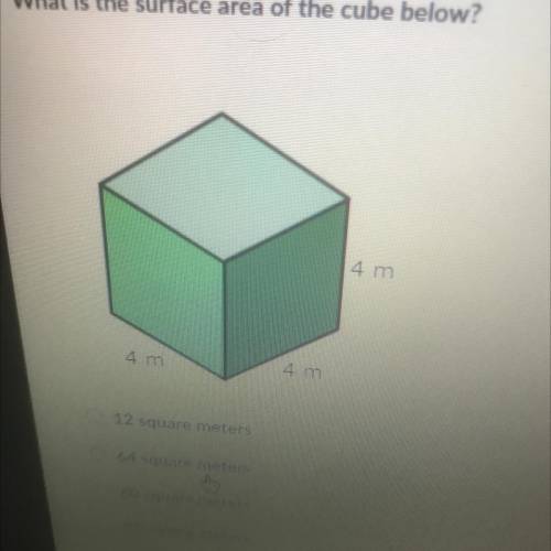 What is the surface area of the cube below?

4 m
4 m
4 m
12 square meters
64 square meters
80 squa