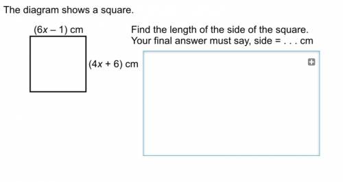 This Diagram Shows a Square (6x-1)cm (4x+6)cm. Find the length of the side of the square. Your fina