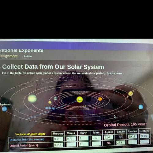 collect data from our solar system. fill in the table. to obtain each planet’s distance from the su