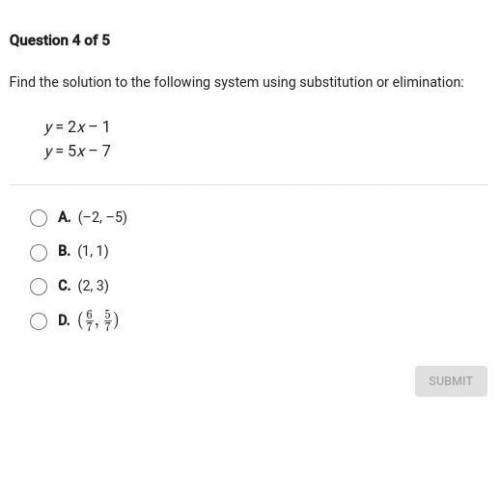 Find the solution to the following system using subsitution or elimination y=2x-1 y=5x-7