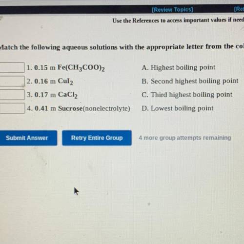 Match the following aqueous solutions with the appropriate letter from the column on the right.

A