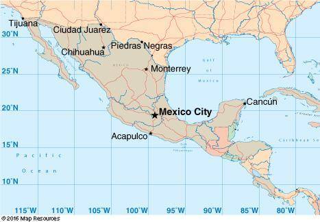 Using the map below, what city is located closest to the United States border and what are the long
