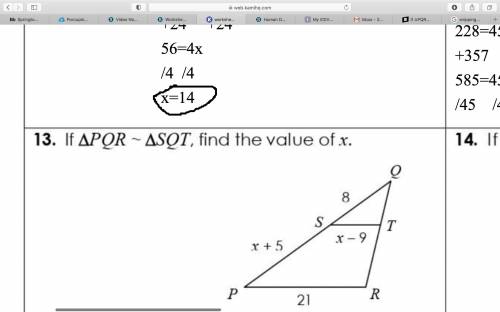 If △PQR ~ △SQT, find the value of x.