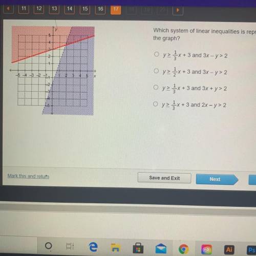 Which system of linear inequalities is represented by

the graph?
y>1/3
x+ 3 and 3x -y> 2
O