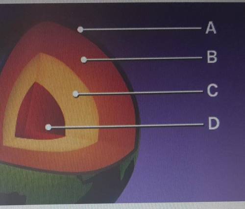 Which layer in this model represents the least dense layer of the geosphere? - А B C D