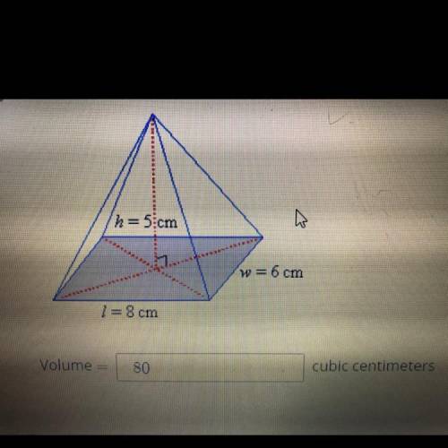 Find the volume of a rectangular- based pyramid whose base is 8 cm by 6 cm and height is 5 cm. Is t